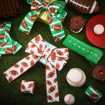 Tigeen 6 Roll Football Wired Edge Ribbon Ball Field Pattern Craft Ribbon Team Sports Burlap Rolls for Wreath Gift Wrapping Bow Sewing DIY Crafts Party Decor, 2 Inch x 30 Yards