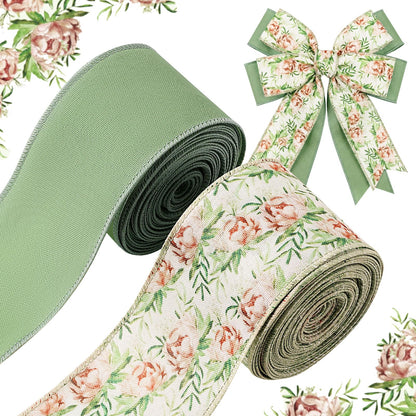 2 Roll 20 Yards Sage Green Floral Wired Edge Ribbon Watercolor Greenery Floral Fabric Ribbon for Spring Summer Wreath Bow Making DIY Crafts Wrapping Party.