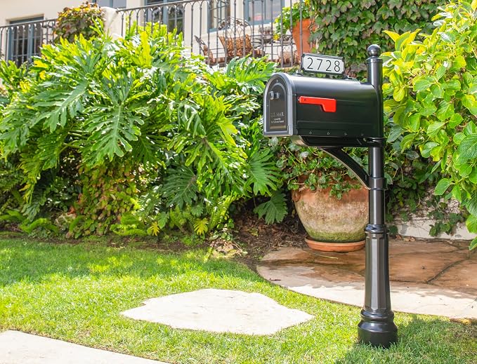 Architectural Mailboxes Roxbury Post Mount Mailbox, Black, Large | Galvanized steel build for outside with rust-resistant powder-coat finish and a magnetic door closure. USPS approved.