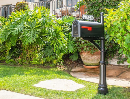 Architectural Mailboxes Roxbury Post Mount Mailbox, Black, Large | Galvanized steel build for outside with rust-resistant powder-coat finish and a magnetic door closure. USPS approved.