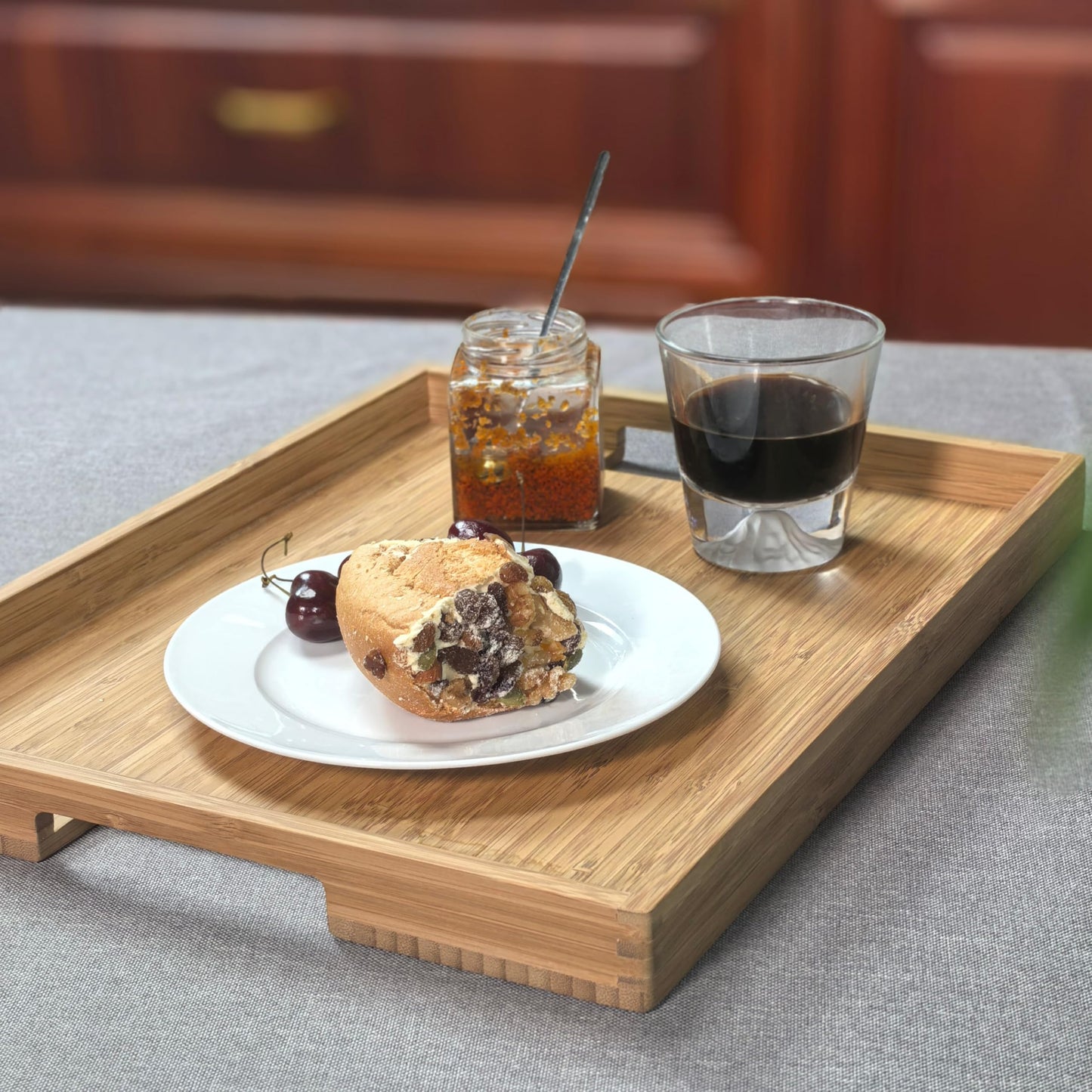 DETOR Bamboo Serving Tray 17" x 13", Non-Slip Ottoman Tray with Light Walnut Finish, Decorative Coffee Table Tray for Food, Drinks & Home Décor