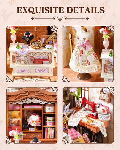 ROBOTIME DIY Miniature House Kit, Elsa’s Tailoring Dollhouse Kit, Mini Wooden Furniture Kit for Adults, Sewing Shop Building Model, Creative Craft Gift for Birthday/Christmas/Hobby Enthusiasts
