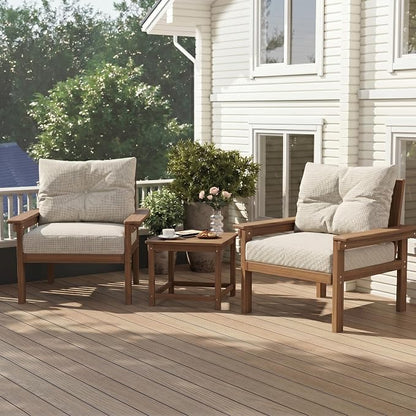 2-Piece Teak Patio Conversation Set, HDPE 3-Seat Sofa with Coffee Table, Teak Frame with Thick Beige Cushions, Outdoor Couch for Balcony