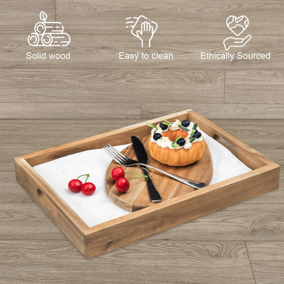 Natural Acacia Wooden Rectangular Serving Tray with Handles, Set of 2 (15"x11" & 13.6"x9.6"), Large Tray for Ottoman, Breakfast in Bed, Dinner, Coffee Table Decor & Kitchen
