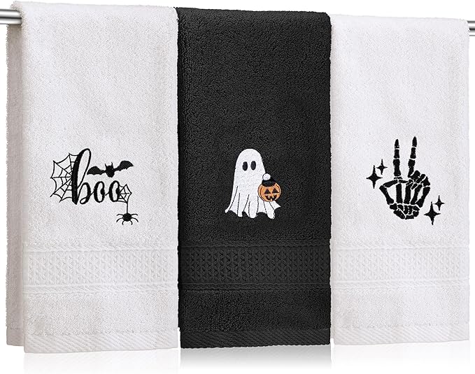 3 Pcs Halloween Hand Towels for Bathroom, Boo Ghost Black White Embroidered