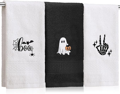 3 Pcs Halloween Hand Towels for Bathroom, Boo Ghost Black White Embroidered