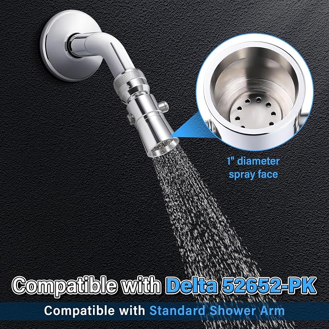 Enhon 2 Setting Pivoting Single Spray Shower Head with Shut Off Valve Replacement for 52652-PK Compatible with Delta Shower 2.5 GPM Brass Water Saving Shower Head Chrome 1" Diameter Spray Face (1 Set)