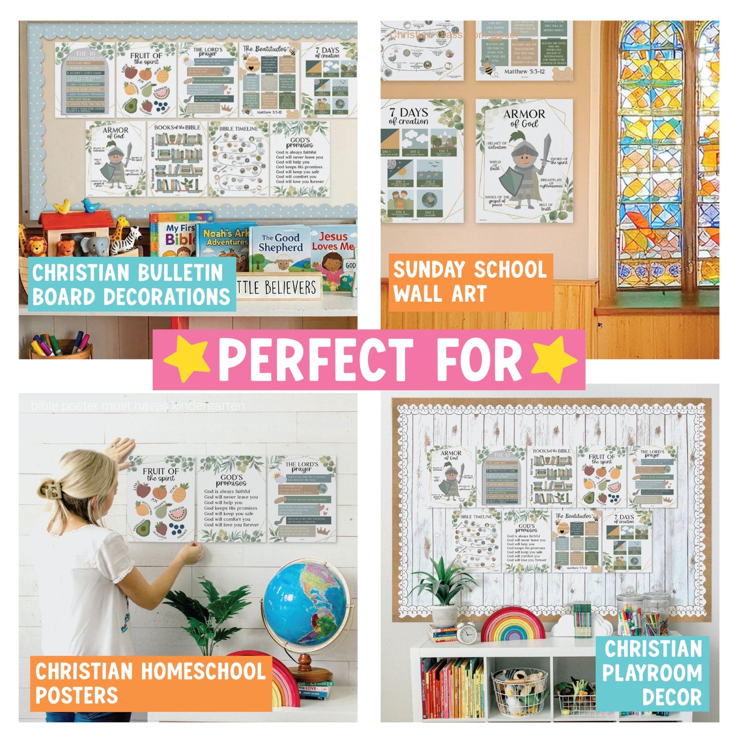 Hadley Designs Sunday School Decorations for Classroom –9 Bible Posters for Kids, Books of the Bible, 10 Commandments, Bible Timeline Chart, Fruits of the Spirit, Greenery Christian Classroom Decor