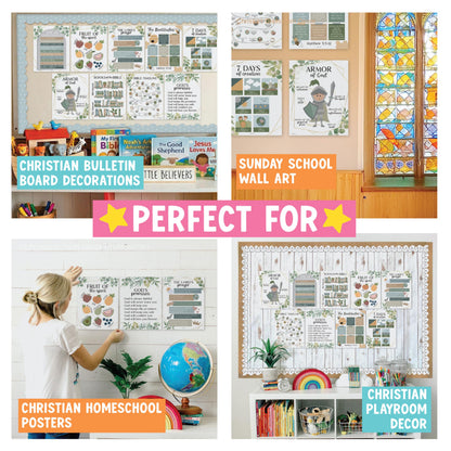 Hadley Designs Sunday School Decorations for Classroom –9 Bible Posters for Kids, Books of the Bible, 10 Commandments, Bible Timeline Chart, Fruits of the Spirit, Greenery Christian Classroom Decor