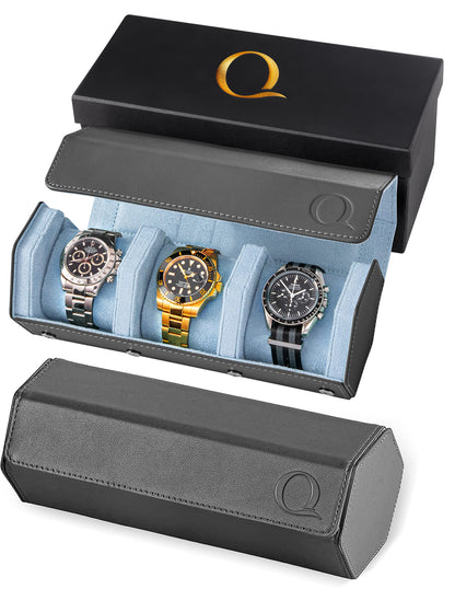 QWATCHBANDS Napa Leather Watch Rolls for Men - Hexagon Triple Watch Roll Travel Case for 3 Watches - Storage Organizer Genuine Leather with Velvet Interior Display (Gray/Blue)
