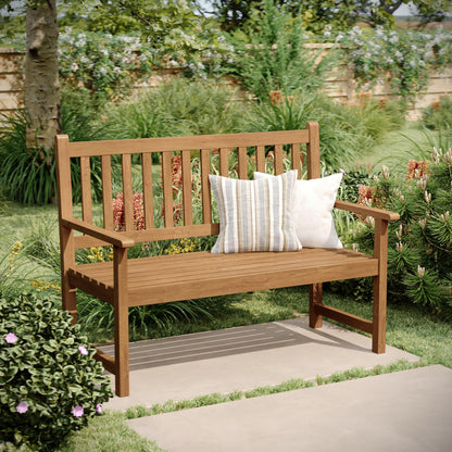 Flash Furniture Adele Commercial Indoor/Outdoor Acacia Wood Bench, 2-Person Slatted Patio Loveseat, for Use in Yard, Garden, Porch, or Park, Brown