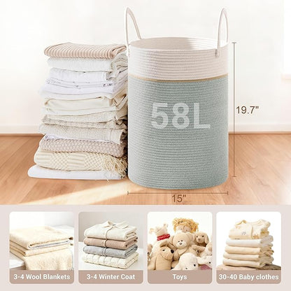 Tall Laundry Basket with Handles, 58L Portable Dirty Clothes Hamper, Boho