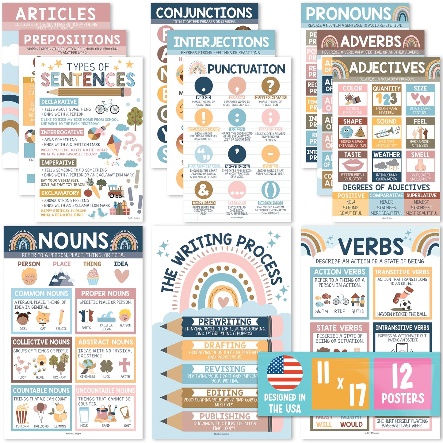Parts of Speech Posters for Classroom Must Haves - 12 Grammar Posters, Writing Process for Homeschool, Elementary & Middle School, ELA 3rd 4th & 5th Grade Teacher Must Haves, Boho Classroom Decor