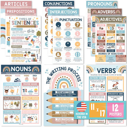 Parts of Speech Posters for Classroom Must Haves - 12 Grammar Posters, Writing Process for Homeschool, Elementary & Middle School, ELA 3rd 4th & 5th Grade Teacher Must Haves, Boho Classroom Decor