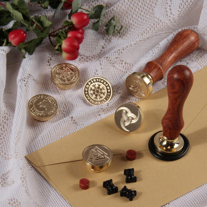 Vegvisir Viking Rune Wax Seal Stamp Set 6PCS Vegvisir Viking Sealing Wax Stamp Heads 0.98''/25mm Custom Wax Stamp 1PCS Wooden Hilt Sealing Stamp Set