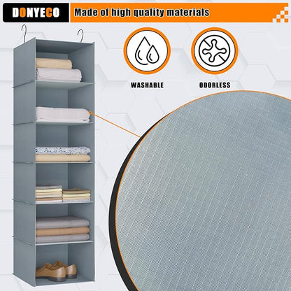 Hanging Closet Organizer 6-Shelf, Oxford Fabric Wardrobe Storage, Gray | Easy-mount foldable design holds clothes, handbags, shoes & accessories; washable Oxford fabric, sturdy and space-saving.