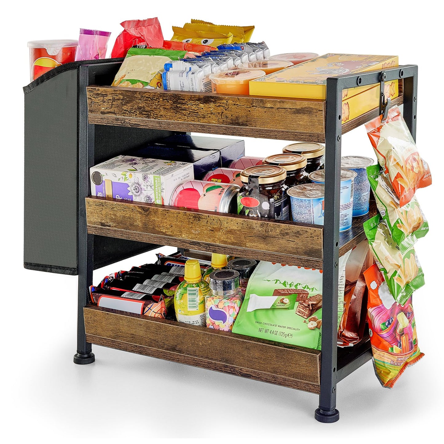 Aquzee Snack Organizer Rack for Countertop, 3 Tier Wooden Candy Display Shelf, Retail Display Shelves with Storage Bag and Chip Clips, Snack Bar Station for Counter, Kitchen, Pantry, Office, Store