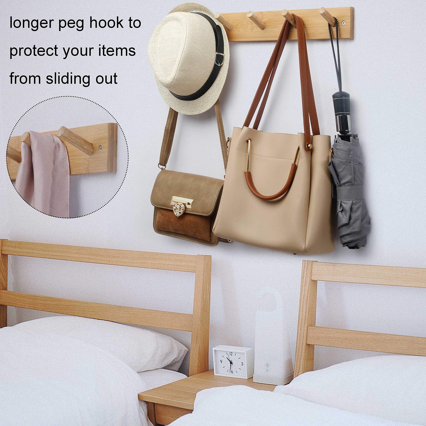 WEBI Coat Rack Wall Mounted,16" Hole to Hole,Coat Hanger Wall Mount with 5 Hooks for Hanging Coats,Hook Rack Peg Rail for Hats,Jacket,Clothes,Towels,Natural