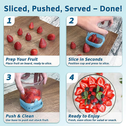 Strawberry Slicer Cup with Push Plate, Fruit Cutter Kitchen Gadget for Egg, Kiwi, Banana, Cucumber, Easy Fruit & Vegetable Slicer, Strawberry Cutter Tool for Quick Safe Cutting (Blue)