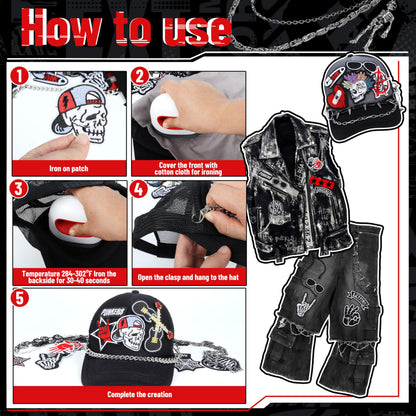 Meneng Punk Chains Kit for Men: 24PCS Black Hats Pants Chain with Embroidered Patch - Goth Hip Hop DIY Crafts for Jeans Wallets Belts Pockets Trucker Hats