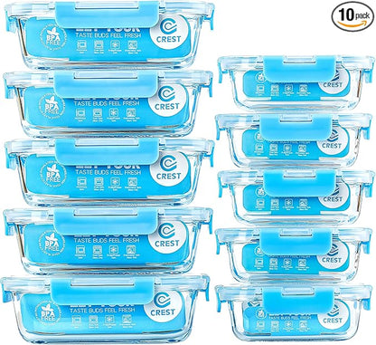 C CREST Glass Meal Prep Containers, [10 Pack] Glass Food Storage Containers with Lids, Airtight Bento Boxes, BPA Free & Leak Proof (10 Lids & 10 Containers)