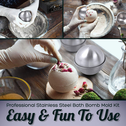 Stainless Steel Bath Bomb Molding Set-3 Metal Round Bath Bomb Molds (6 Half Spheres)- DIY Professional Molds for Fizzy Bombs: Instructional Pamphlet, E-Book & Mesh Storage Bag- Starter Kit