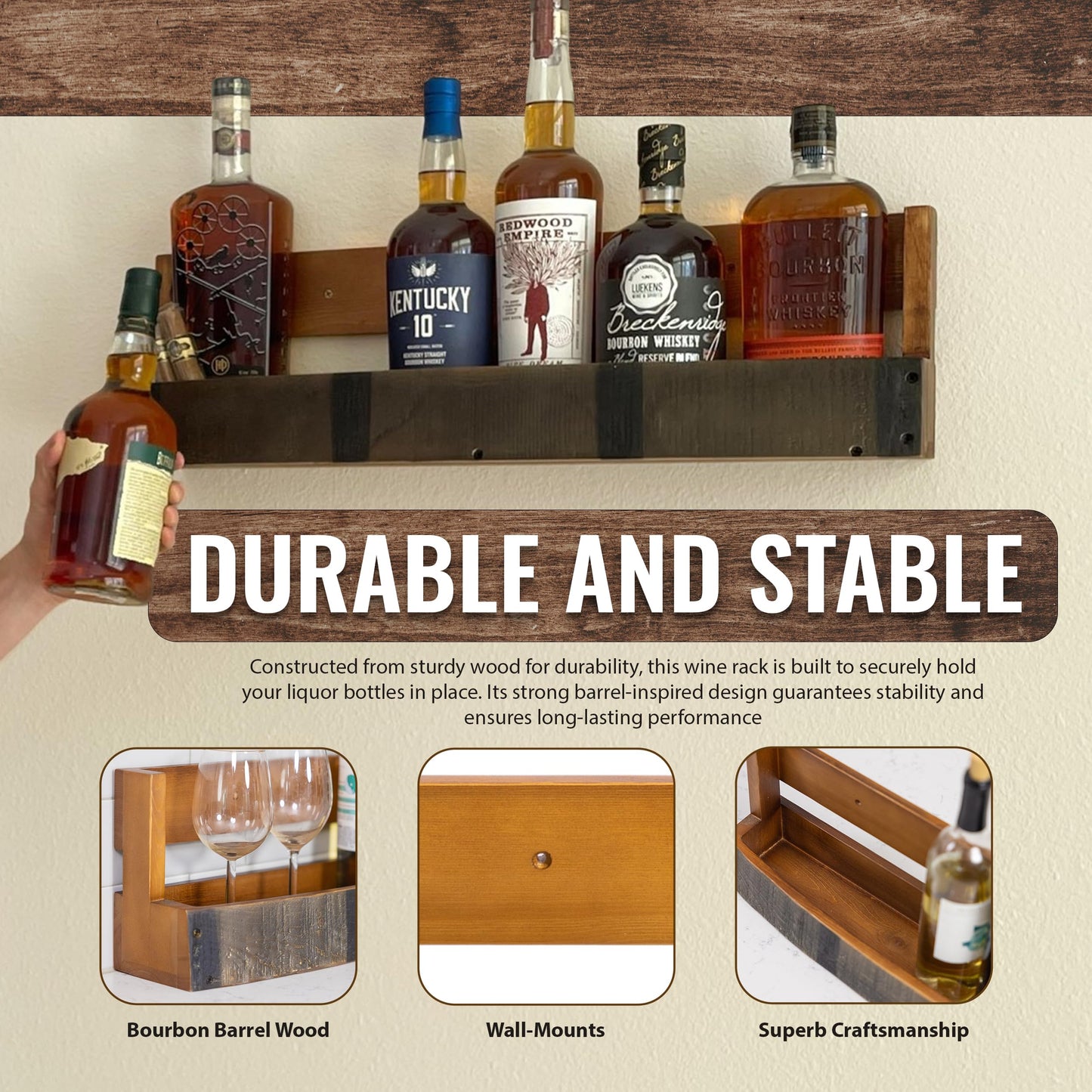 Liquor Bottle Display Shelf – Whiskey Barrel Bar Shelf for Whiskey, Wine & Bourbon – Rustic Wall-Mounted Wooden Shelves, Countertop Rack, Stylish & Space-Saving Small Liquor Cabinet for Enthusiasts