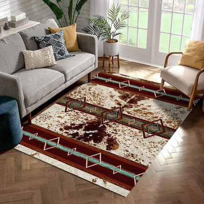 Combo Southwest Faux Cowhide Area Rug and 4 Pcs Non-Slip Rug Tape for Living Room, Bedroom, Southwestern Area Rugs, Native American Rug, Geometric Western Rugs, Aztec Tribal Rugs Home Decor 3x5 ft