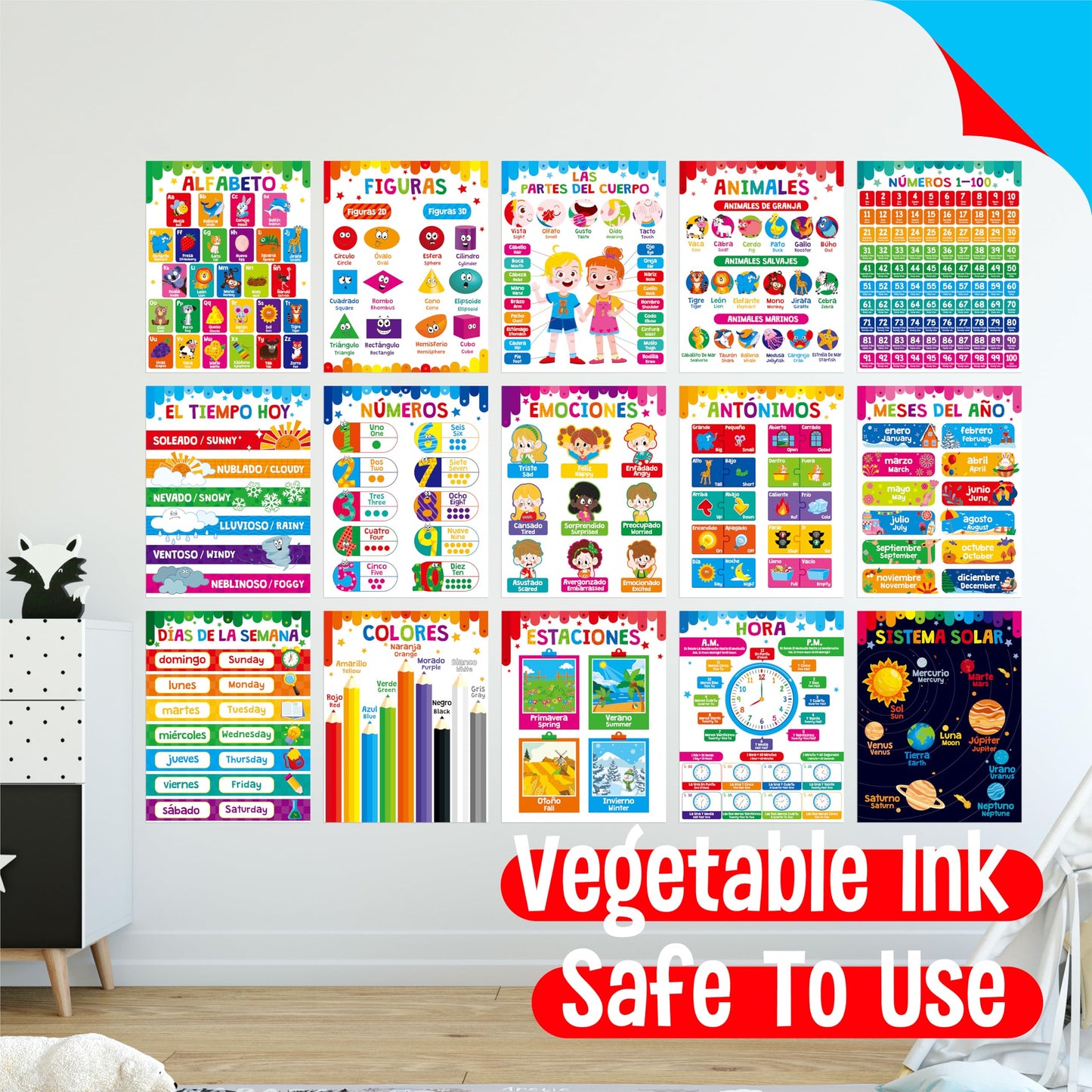 15 Packs Spanish & English Educational Posters, Thick Elementary Bilingual Poster Waterproof & Tearproof with PET Film, Early Language Learning Tool Educational Posters for Kindergarten Preschool