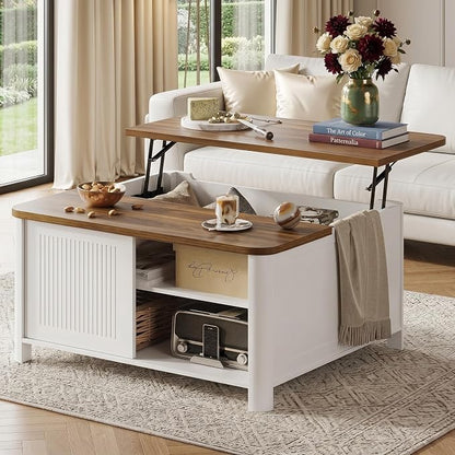 Decofy Lift Top Coffee Table with Storage Mid Century Modern Square Coffee Tables for Living Room, Large Hidden Storage Compartment, Adjustable Shelves & Sliding Door