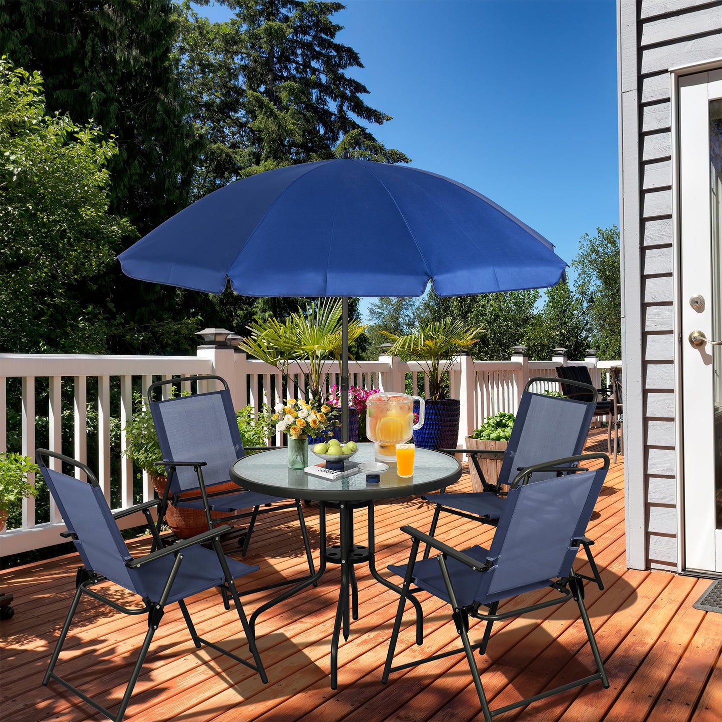 Vongrasig 6 Pieces Folding Patio Dining Set, All Weather Small Metal Outdoor Table and Chair Set, Garden Patio Furniture Set w/Umbrella, Glass Table & 4 Folding Chairs for Lawn, Backyard, Blue