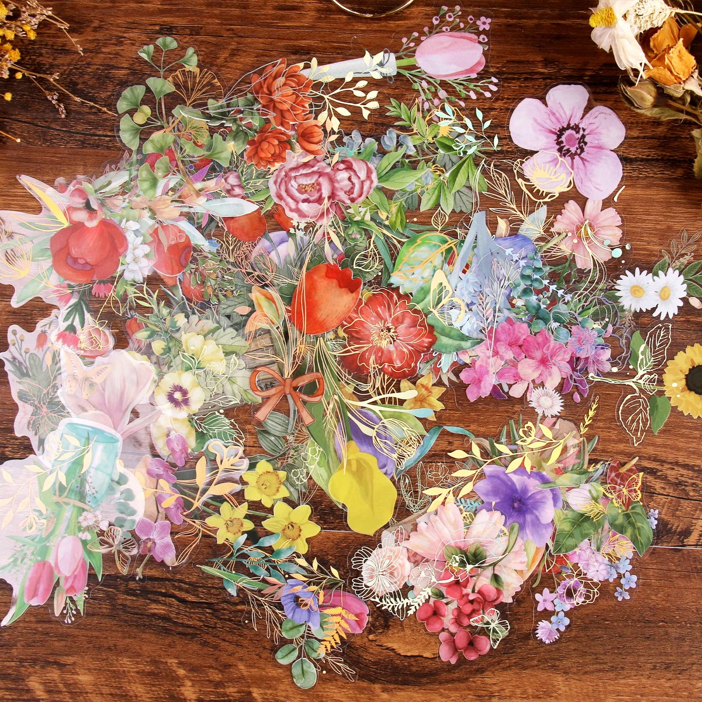 Dizdkizd Gilding Flower Stickers (240 Pieces) - Glitter Watercolor Transparent Stickers for Card Making Scrapbooking Envelopes Wrapped Gifts Arts and Crafts Journaling