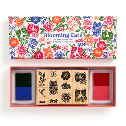 Galison Blooming Cats – Rubber Stamp Set Includes 4 Beautiful Colored Ink Pads and 11 Unique Cat Themed Wooden Stamp Blocks