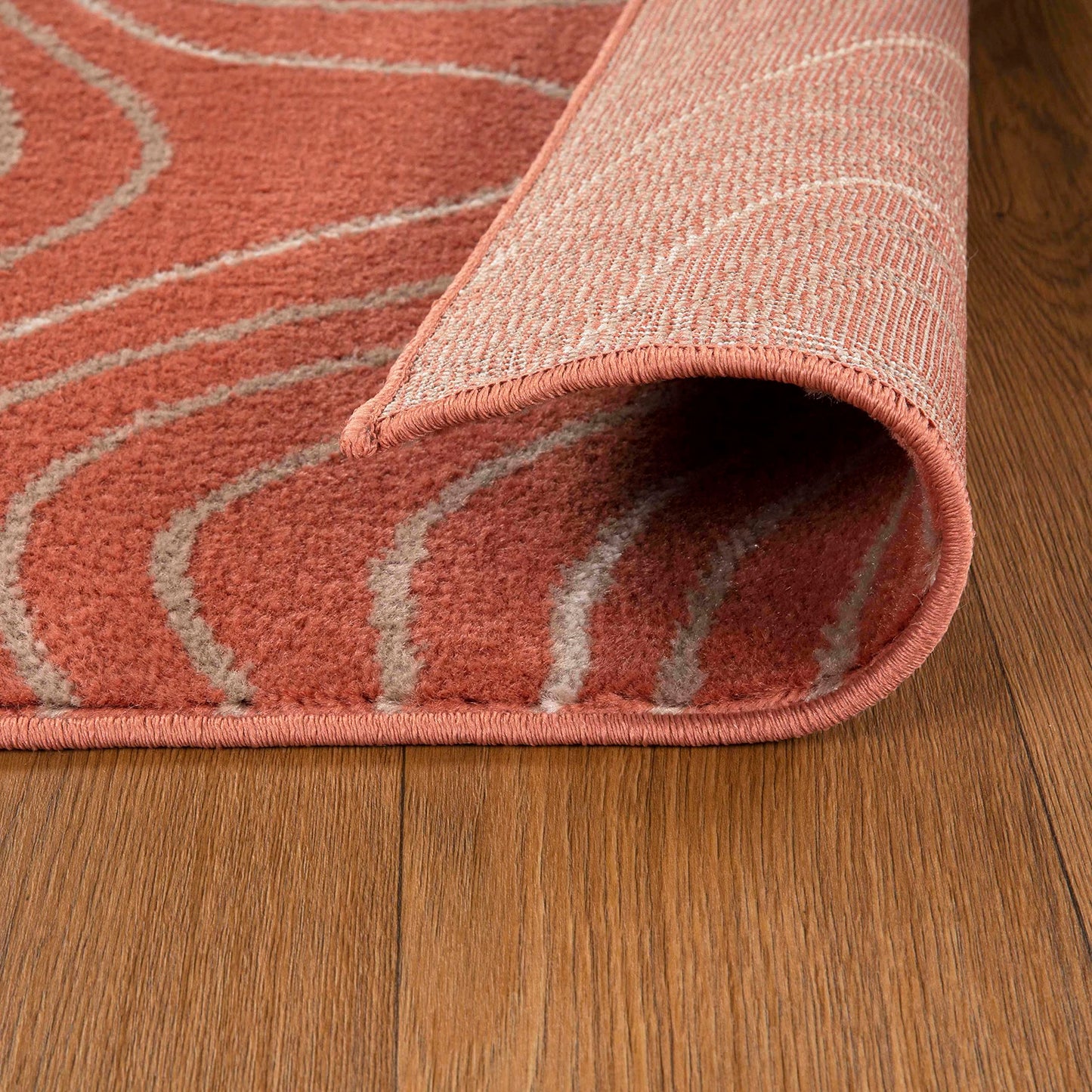 Superior Indoor Area Rug, Plush Carpet Cover, High-Traffic Rugs, Jute Backing, Hallways, Entry, Office, Living Room, Kitchen, Modern Abstract Wood Grain, Veer Collection, 5' x 8', Coral