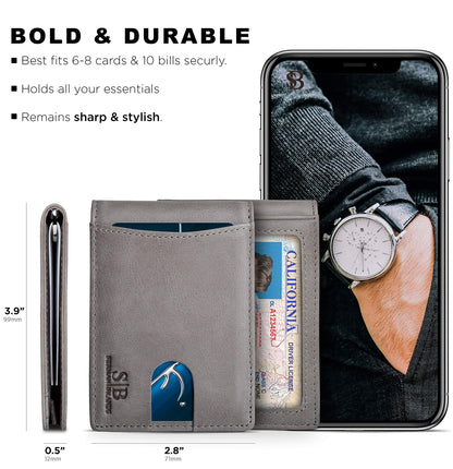 SERMAN BRANDS RFID Blocking Slim Bifold Genuine Leather Minimalist Front Pocket Wallets for Men with Money Clip Thin Gift (Slate Gray 1.S)