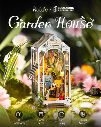 Rolife DIY Book Nook Kits for Adults-Garden House Bookshelf Insert Booknook-3d Puzzle Dollhouse Room Decor for Teen Girls Boys Women Men