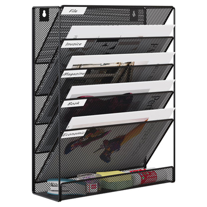 EasyPAG 5 Tier Wall File Holder, Mesh Hanging Folder Organizer with Classify Label, Versatile Desk File Holder, Vertical Wall Mounted Mail Organizer for Office Home Cubicle, Black