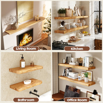 fuqing Live Edge Floating Shelves for Wall 30 inch, 8 Inch Deep Solid Elm Wood Floating Wall Shelves - Rustic Wooden Shelves with Invisible Brackets for Living Room Bedroom Kitchen, 2 Pack, Natural