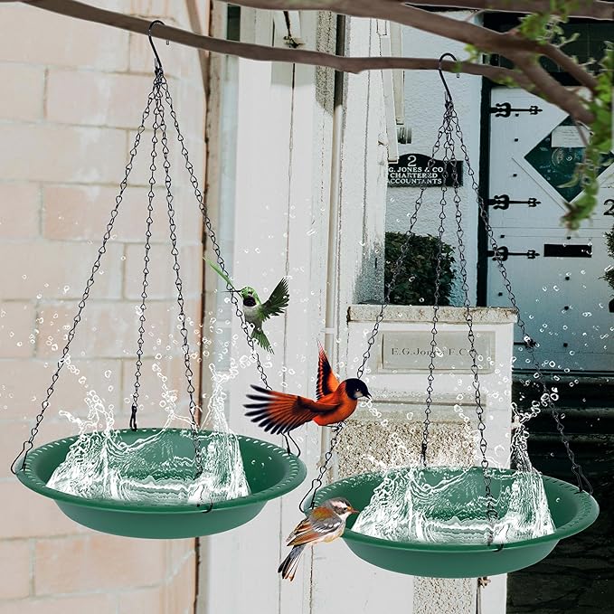 OVZILKI Bird Bath for Outside Heavy Duty, 14 inch BirdBath Bowl Only with Rust-Proof Black Chains for Outdoor, Hanging Bird Bath Hanging Bird-Feeder for Garden Backyard Decor (Green 1 Pack)