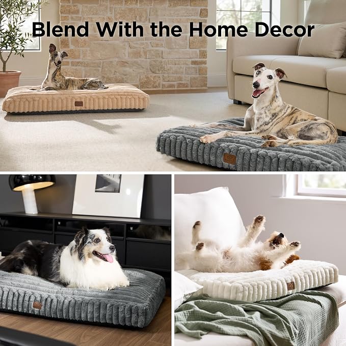 Bedsure ComfyFleece™ Fluffy Plush XXL Dog Bed Crate Pillow 47x29 Grey | Aesthetic Crate Bed for Balanced Support Cute Chopped Foam Pad with Removable Washable Cover Non-Slip Waterproof Cozy Pet Mat