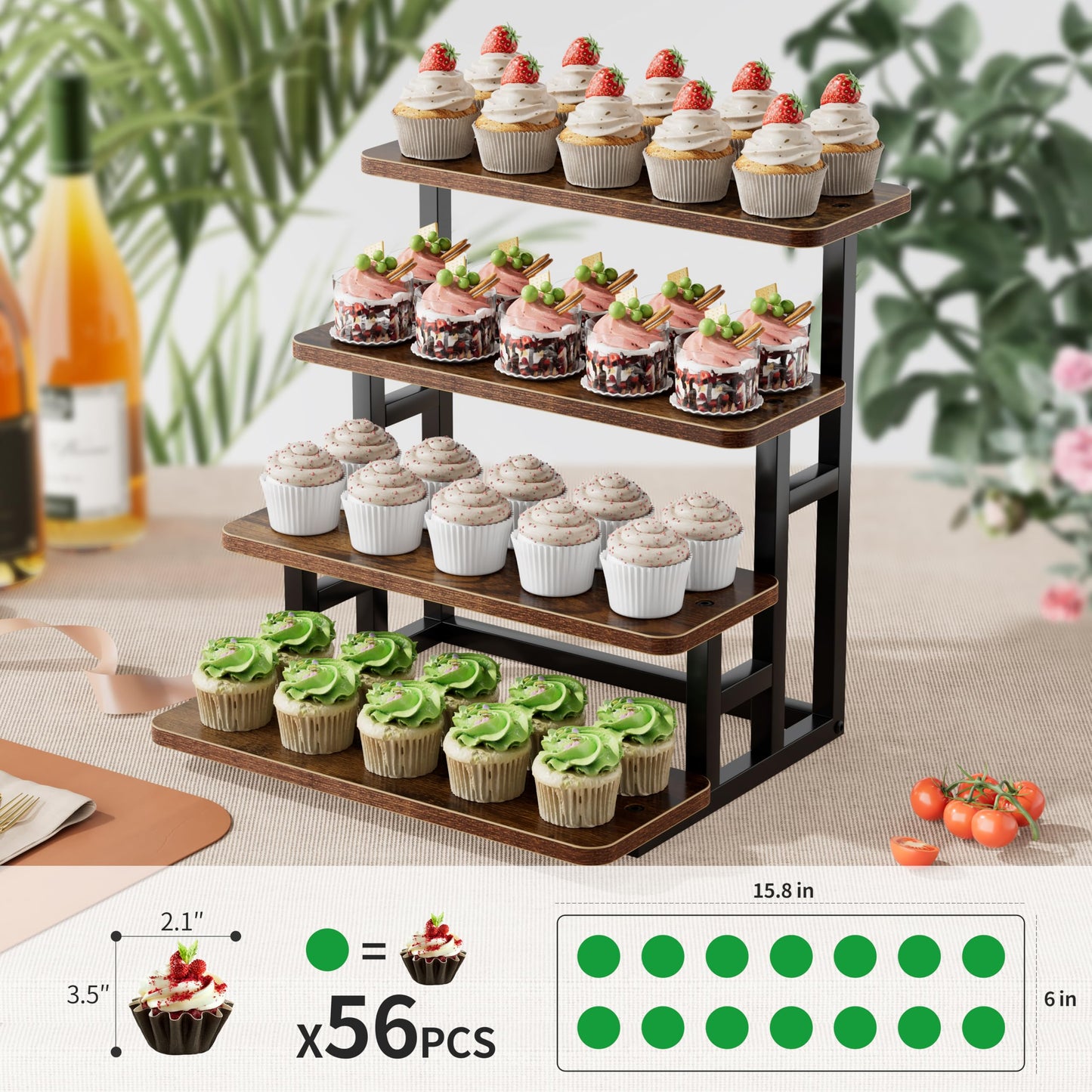 ZUJJAFY Cupcake Stand, Tiered Tray Stand Dessert Table Display Set, 4 Tier Cupcake Stand for 50 cupcakes, Wooden Risers Display Stands for Vendor Events, Party