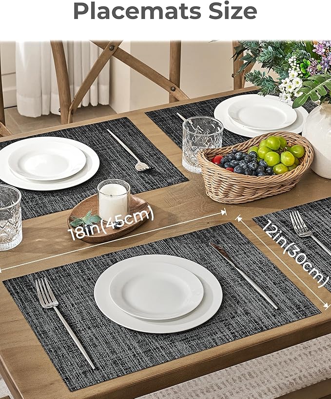 Leetaltree Black and Grey Woven Placemats Set of 8 - Heat Resistant Non-Slip Place mats for Dining Table, Washable Durable PVC Vinyl Woven Table Mats(Black & Grey, 8)