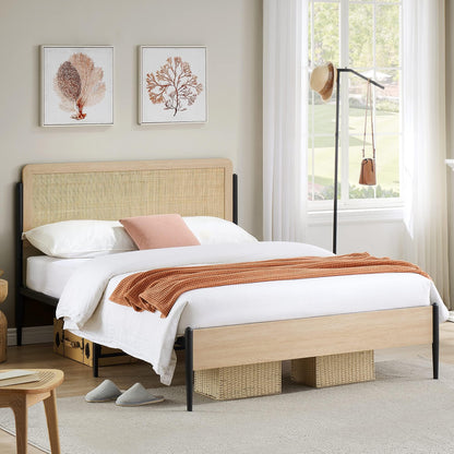 GAOMON Full Size Bed Frame with Natural Rattan Headboard and Wooden Footboard, Heavy Duty Metal Platform Bed Frame with Storage, Mattress Foundation Easy Assembly No Box Spring Needed, Rattan
