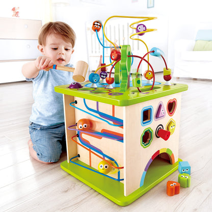 Hape Country Critters Play Cube| Wooden Learning Puzzle Toy for Toddlers, 5-Sided Activity Centre with Animal Friends, Shapes, Mazes, Wooden Balls, Shape Sorter Blocks and More