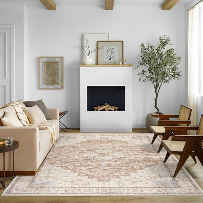 BILEEHOME Boho Neutral Living Room Rug 5x7,Washable Vintage Rustic Earth Tone Modern Farmhouse Persian Area Rugs for Dining Room Bedroom, Light Tan Brown Beige with Rust Terracotta Pattern