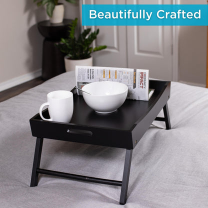 BIRDROCK HOME Wood Bed Tray for Eating | TV Tray with Folding Legs | Wide Breakfast Serving Lap Desk with Sides & Handles | Laptop Table | Foldable Study Writing Table | Adjustable Food Tray | Black