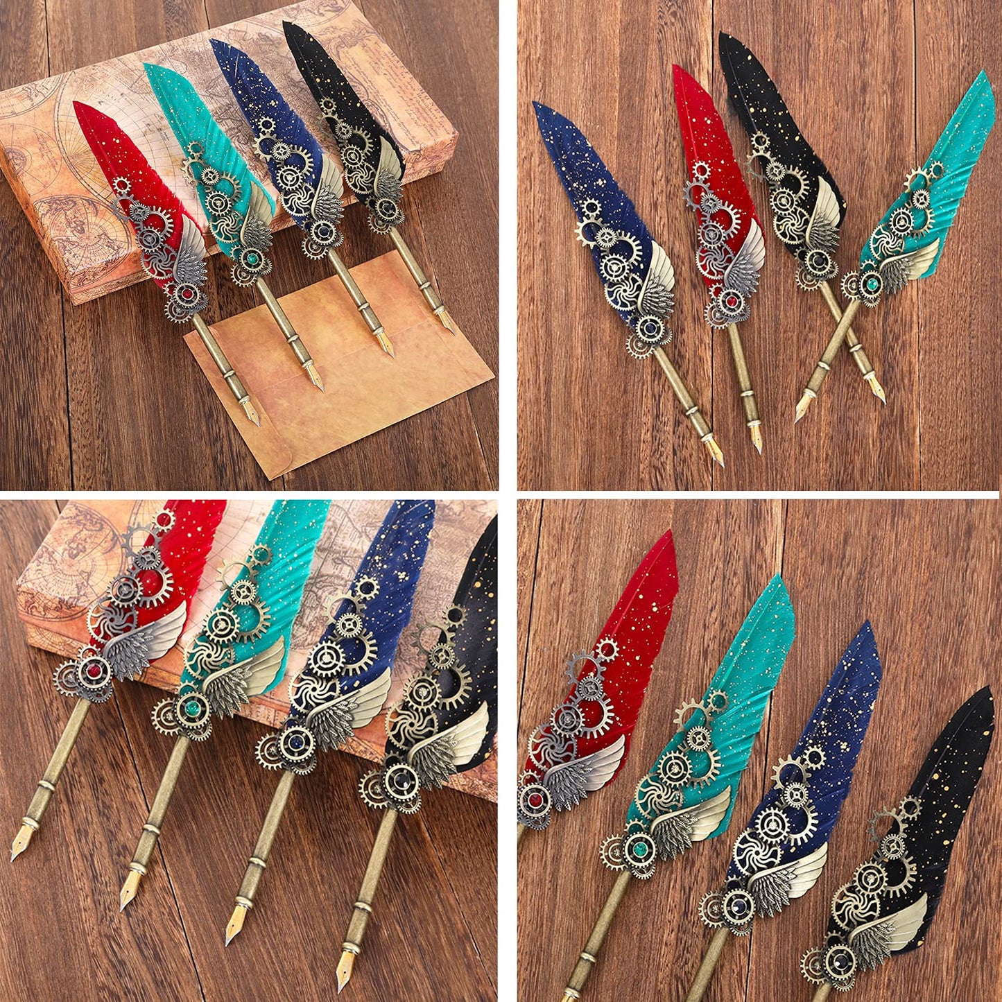 AIYNC Feather Calligraphy Pen Ink Set, Mechanical Feather Pen and Wooden Dip Pen, 5 Colors of Ink, 12 Replacement Nibs, Pen Holder, Envelope and Letter Paper (Green)