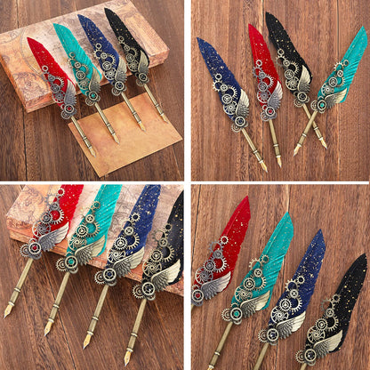 AIYNC Feather Calligraphy Pen Ink Set, Mechanical Feather Pen and Wooden Dip Pen, 5 Colors of Ink, 12 Replacement Nibs, Pen Holder, Envelope and Letter Paper (Green)