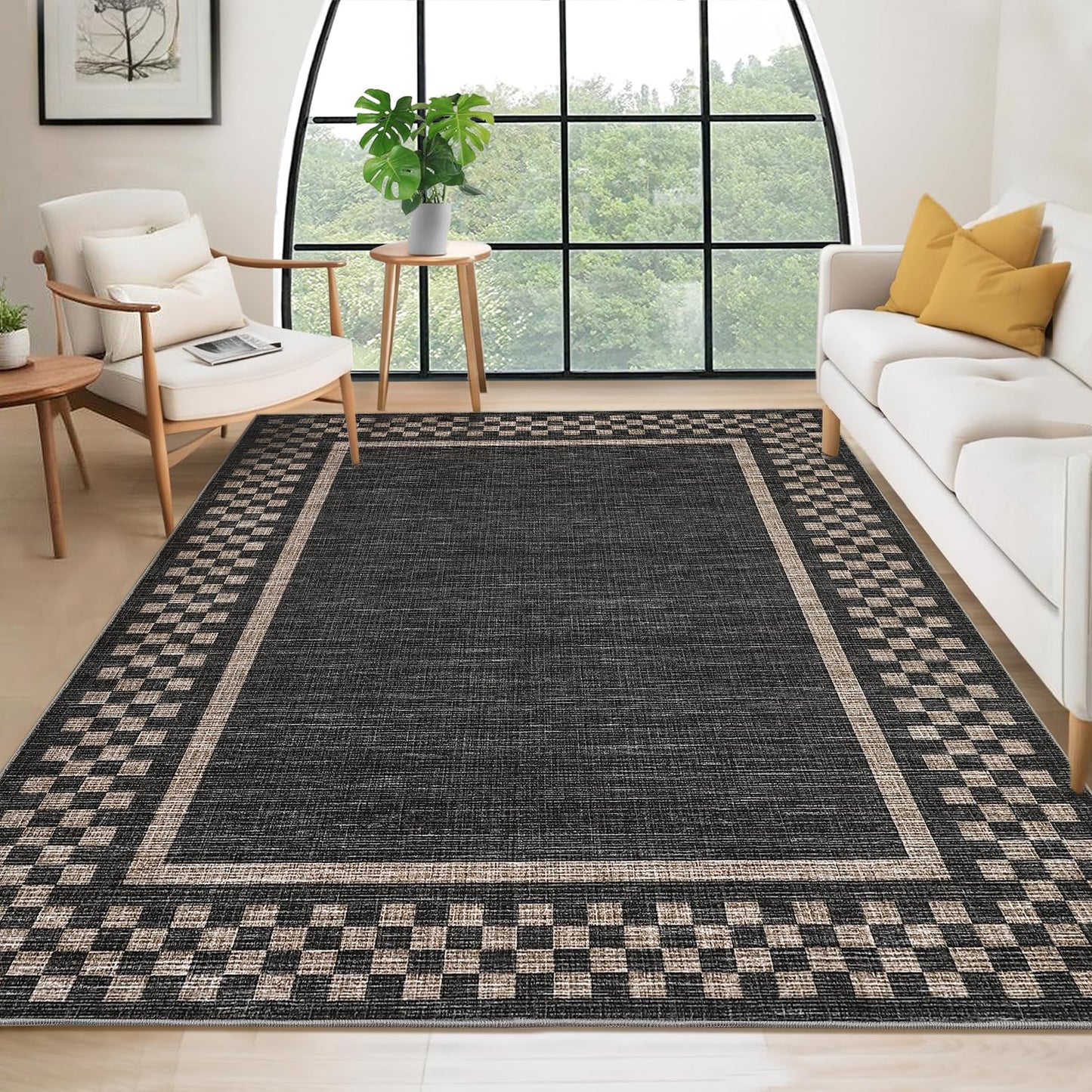 Small Bedroom Area Rug 3x5 Checkered Area Rug for Living Room Nursery Non Slip Kitchen Throw Carpet Low Pile Modern Bordered Rugs Washable Bathroom Mat Soft Brown Rugs for Laundry Entryway, Black