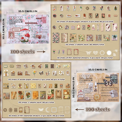Npcswxq 200Pcs Vintage Scrapbook Paper Sticker Kit, Nature Flowrs Scrapbooking Decals for Junk Journal Supplies Card Making Stationery Album, Collage, Planner, Gift Wrapping Craft